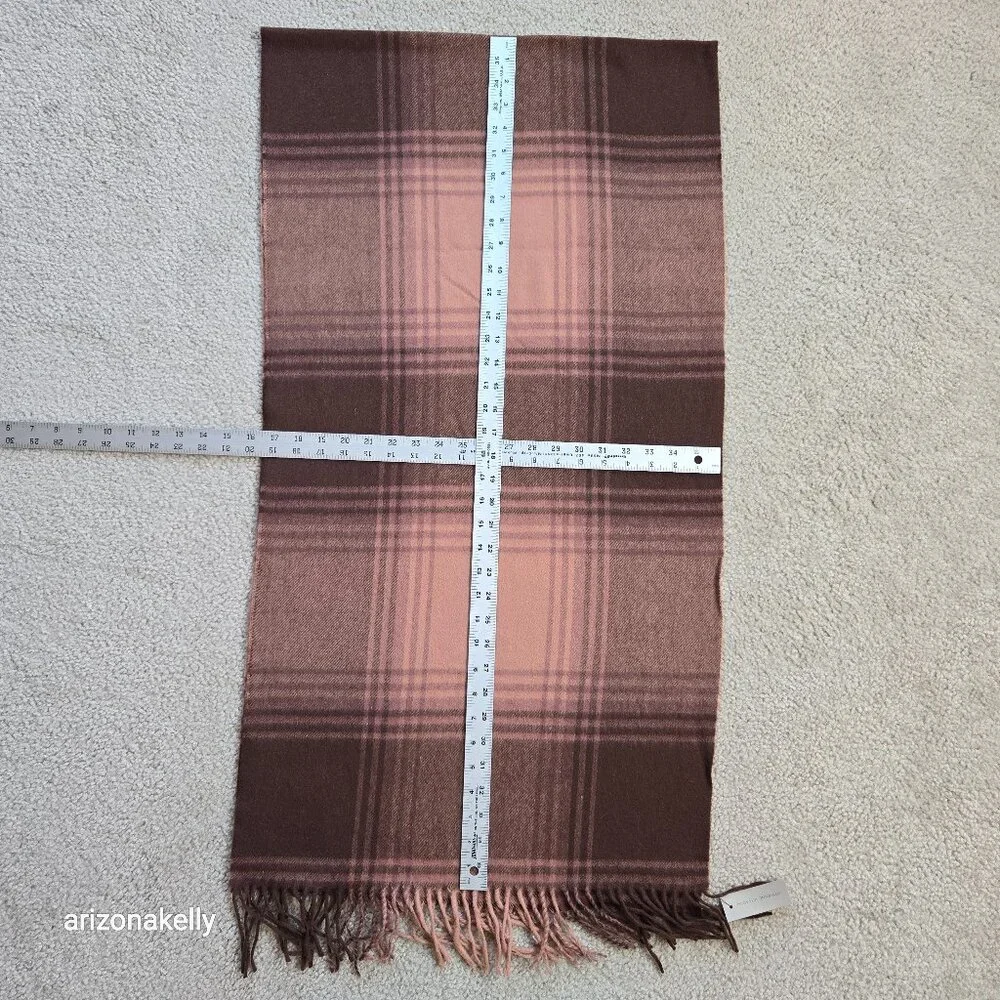 NWT Cashmere Wool Plaid Scarf Fringe Pink Brown